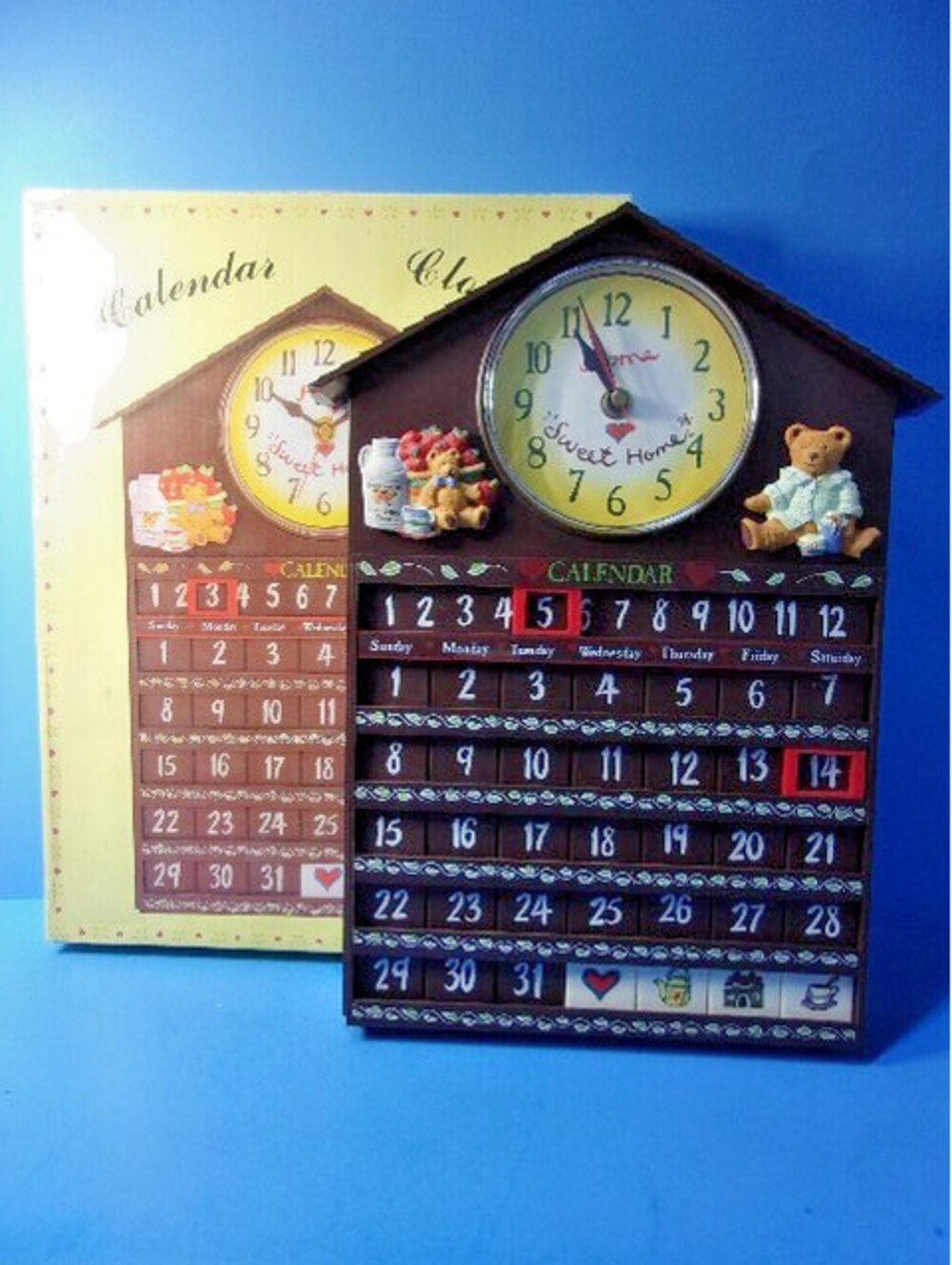 Vintage Home Sweet Home Plastic Wall Clock Perpetual Calendar Bears 1980's IOB - Picture 2 of 13